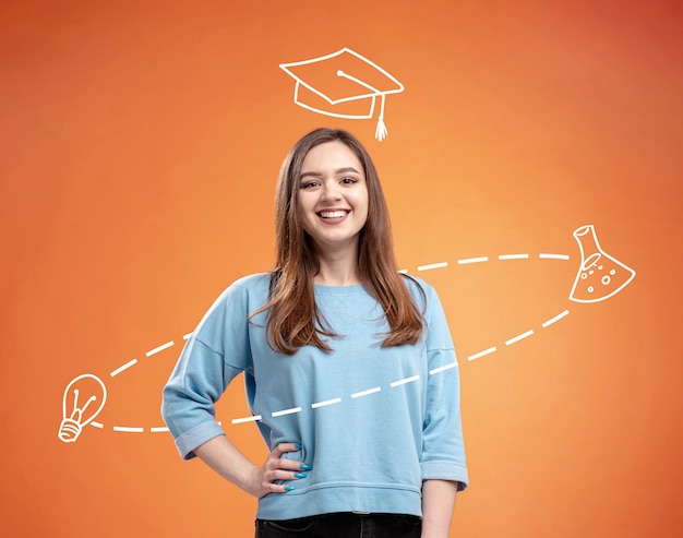 Medium shot woman posing with graduation background