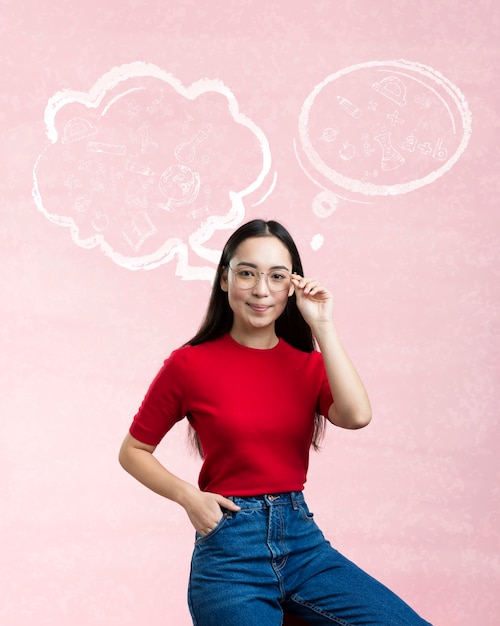 Medium shot woman posing with hand drawn background