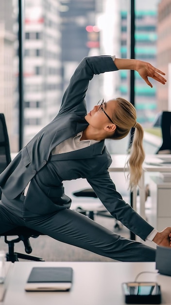 Photo medium shot woman stretching at work