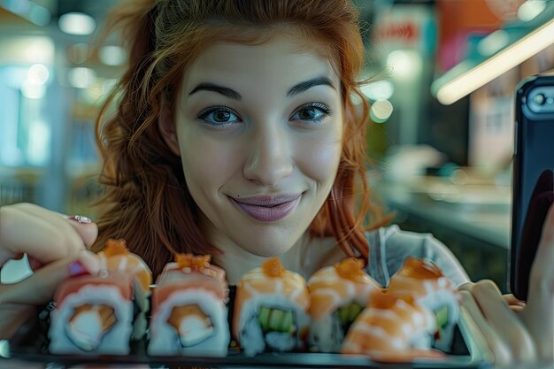 Photo medium shot woman taking selfie with sushi