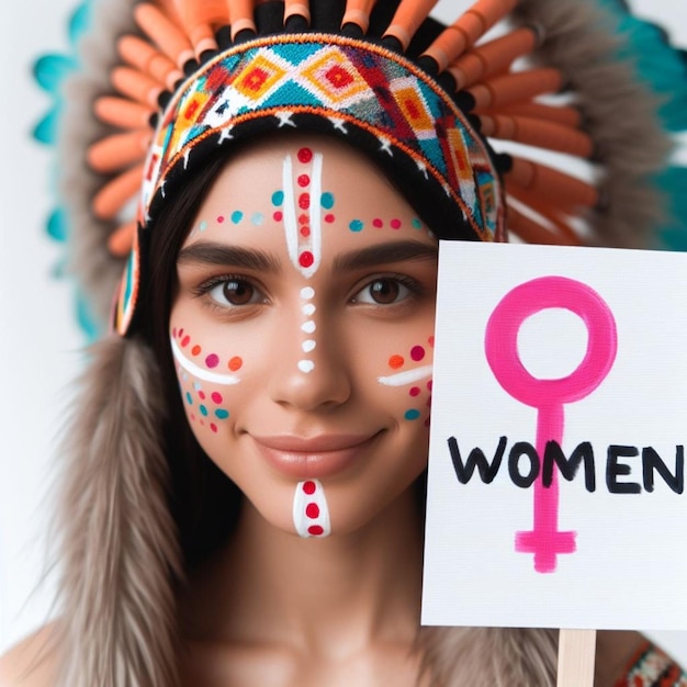 A medium shot of a woman with a womens day sign painted on her face for International Womens Day