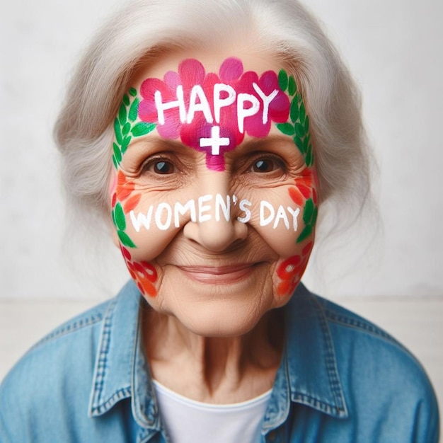 A medium shot of a woman with a womens day sign painted on her face for International Womens Day