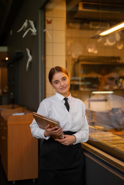 Medium shot woman working in  luxury restaurant