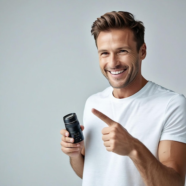 Medium Shot of a Young Man Casually Dressed Pointing to a Product on His Left with a Friendly Expres