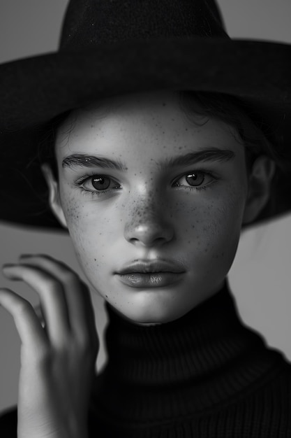 Medium shot young model posing with hat black and white