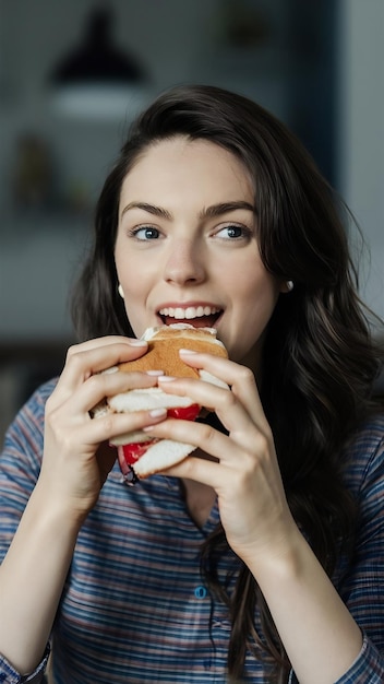 Medium shot young woman eating sandwich