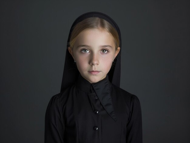 Medium shot of young woman wearing nun clothing themed background bright tonality