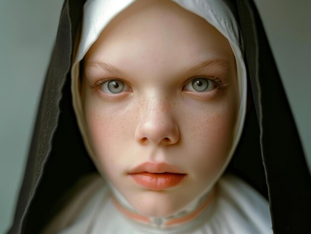 Medium shot of young woman wearing nun clothing themed background bright tonality