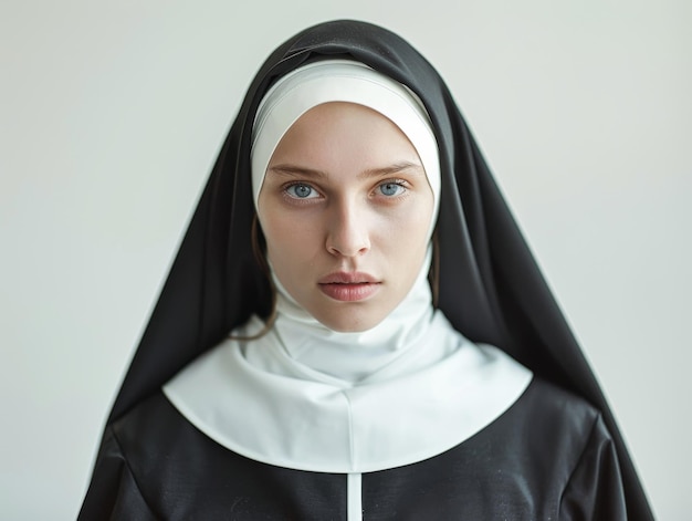 Medium shot of young woman wearing nun clothing themed background bright tonality