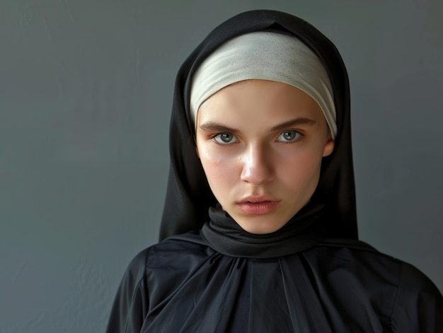 Medium shot of young woman wearing nun clothing themed background bright tonality