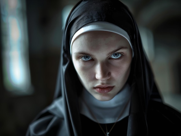 Medium shot of young woman wearing nun clothing themed background bright tonality