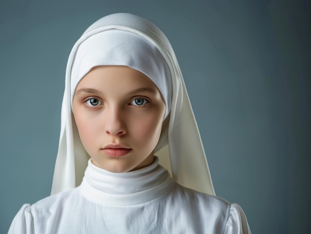 Medium shot of young woman wearing nun clothing themed background bright tonality