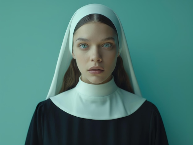 Medium shot of young woman wearing nun clothing themed background bright tonality