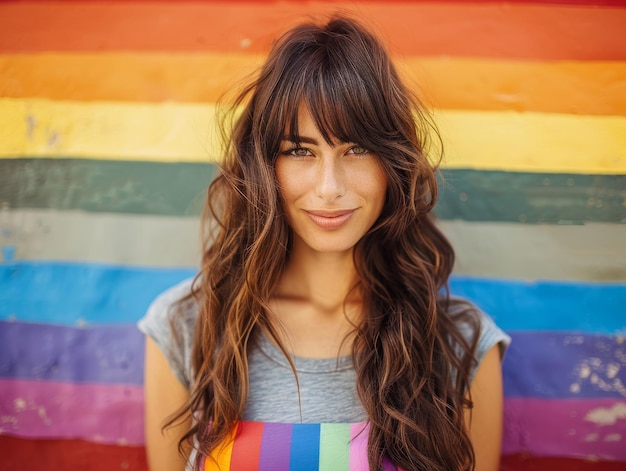 Photo medium shot of young woman wearing tshirt with lgbt flag themed background bright tonality