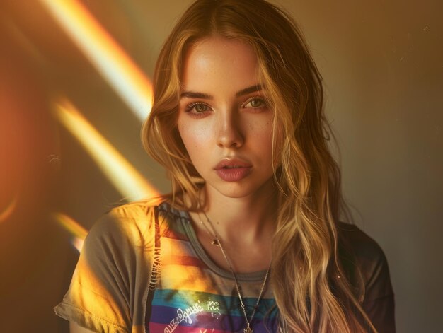 Photo medium shot of young woman wearing tshirt with lgbt flag themed background bright tonality