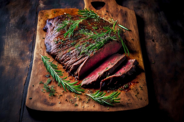 Mediumroasted flank steak on dark wooden board with green sprig of rosemary