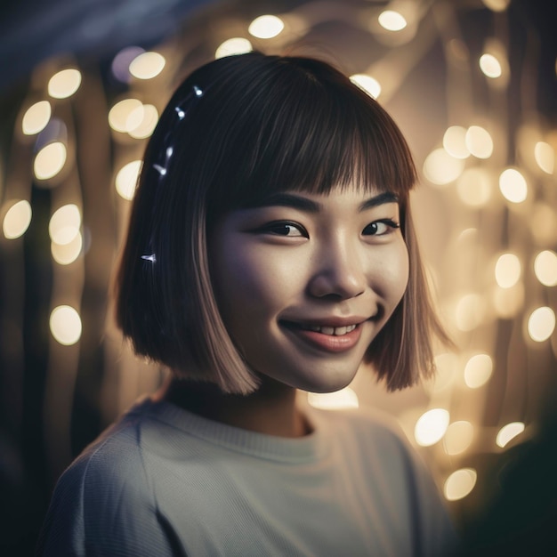 Mediumskinned asian teen with bob cut giggling in artsy look under fairy lights on misty morning