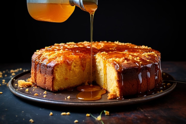 Medovik cake with a drizzle of golden syrup