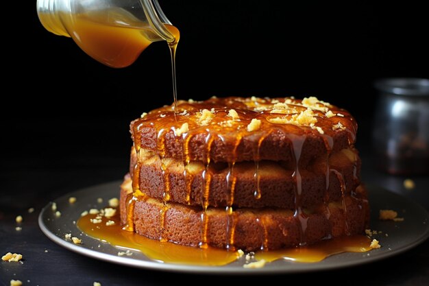 Medovik cake with golden honey drizzle