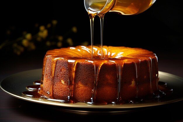 Medovik cake with golden syrup pouring over