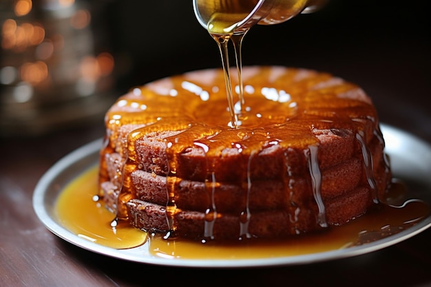 Medovik cake with golden syrup pouring