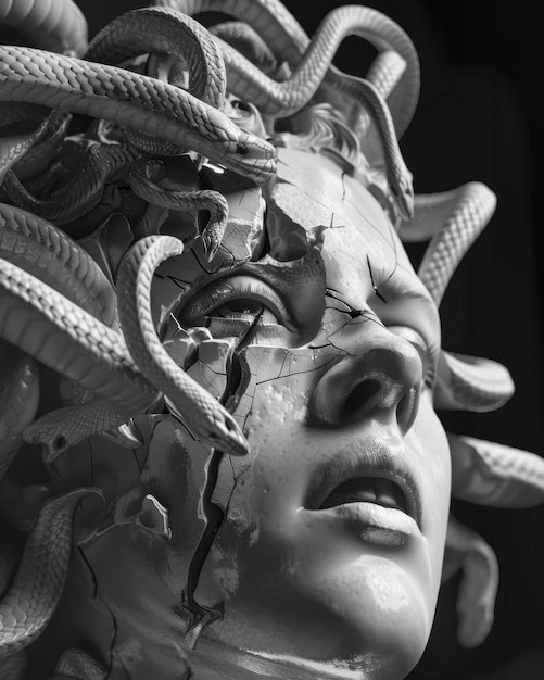 Photo medusa sculpture broken face snake texture monochrome art dramatic lighting surrealistic concept