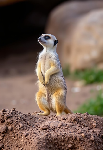 a meerkat is standing on a pile of dirt