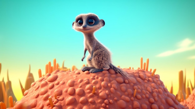 A meerkat sits on a stomach in a desert.