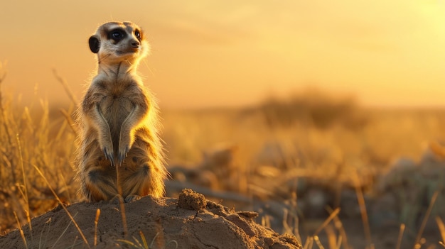 Photo meerkat standing on the rock in the middle of the desert looking around