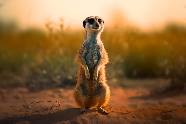 A meerkat stands on its hind legs in the desert.