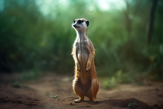 A meerkat stands on its hind legs in a forest.