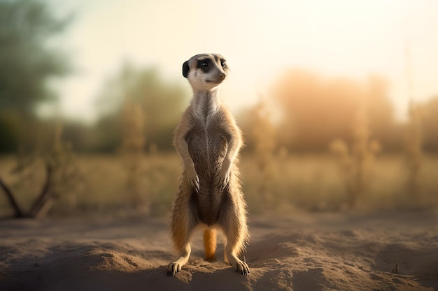 A meerkat stands on its hind legs in front of a sunset.