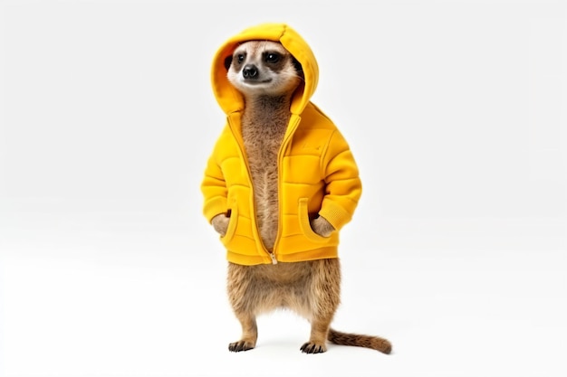 a meerkat in a yellow jacket standing up