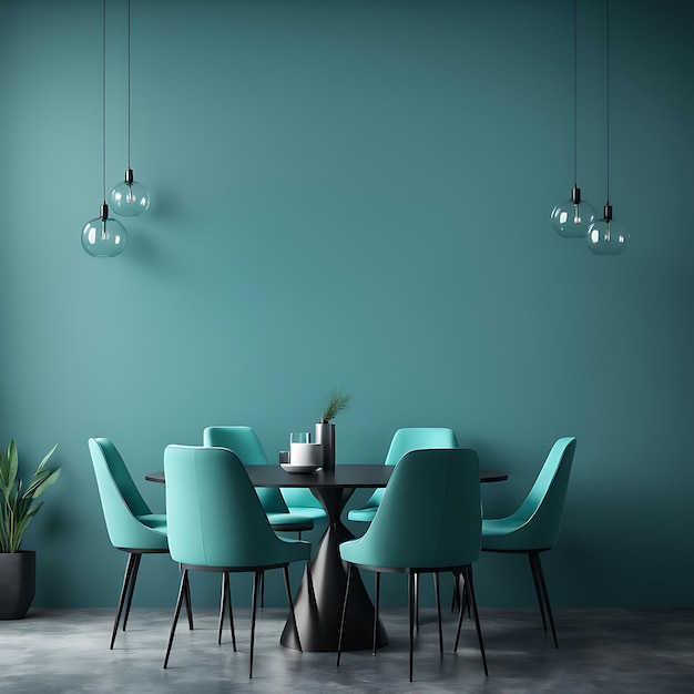 Meeting area or dining room with large black round table and teal cyan chairs Empty wall turquoise