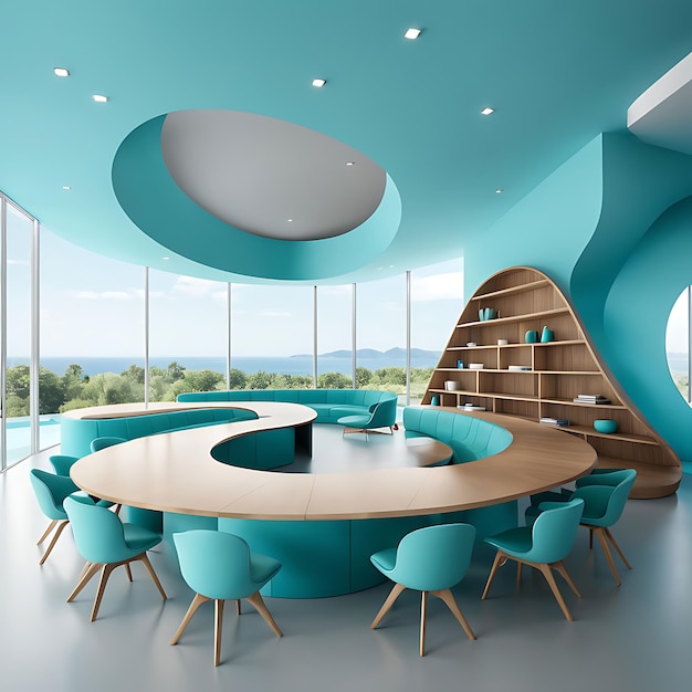 Meeting area or dining room with large black round table and teal cyan chairs Empty wall turquoise