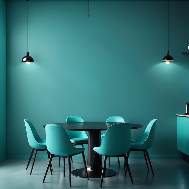 Meeting area or diningroom with large black round table and teal cyan chairs Empty wall turquoise