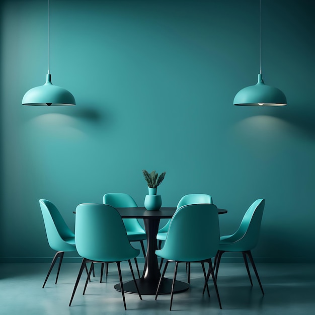 Meeting area or diningroom with large black round table and teal cyan chairs Empty wall turquoise