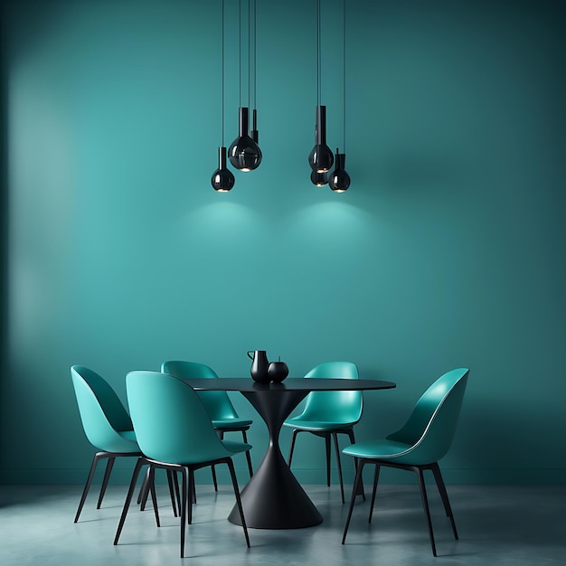 Meeting area or diningroom with large black round table and teal cyan chairs Empty wall turquoise