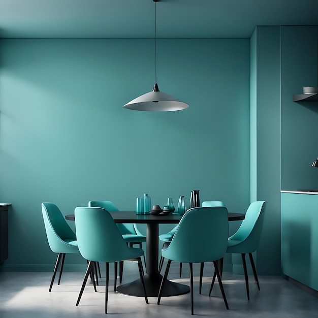 Meeting area or diningroom with large black round table and teal cyan chairs Empty wall turquoise