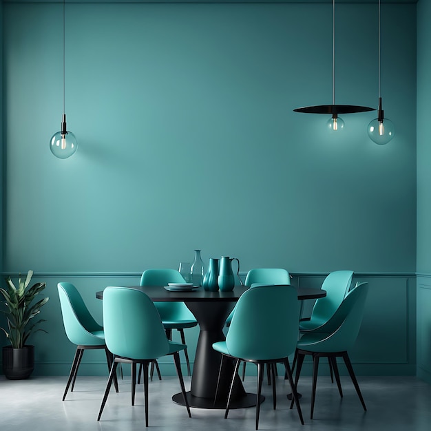 Meeting area or diningroom with large black round table and teal cyan chairs Empty wall turquoise