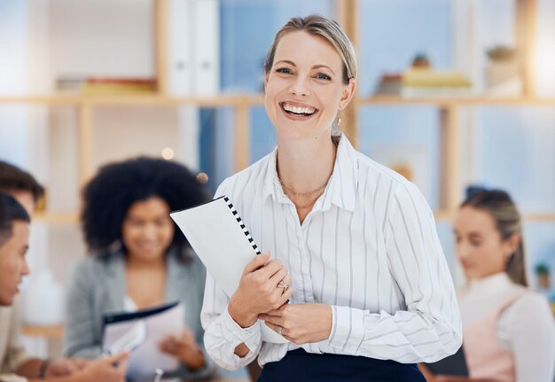 Photo meeting leadership and happy with a business woman holding documents in the boardroom for training or coaching marketing team and manager with a female employee working with a group in the office