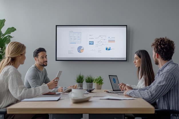 Photo meeting of office workers at the table looking at the presentation with diagrams on the tv