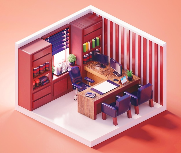 Meeting room interior with laptop isometric composition 3D illustration