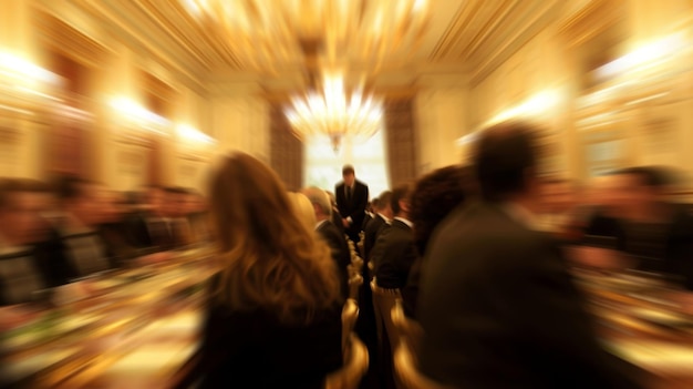 Photo the meeting room is a blur of people in formal clothing lost in conversation