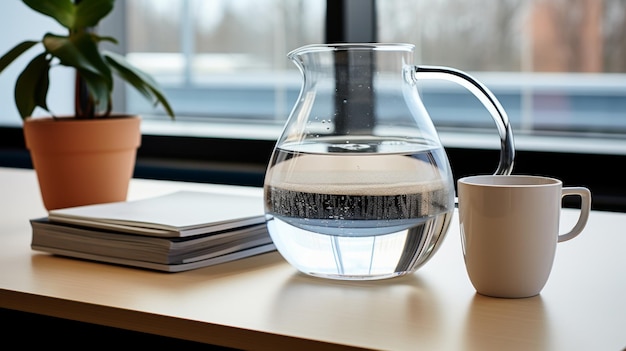 Meeting room setup with decanter and glasses placed on the table for a professional environment