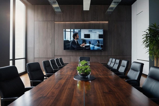 Meeting room with a large TV and a modern conference t