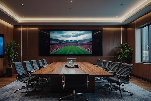 Meeting room with a large TV and surround sound system