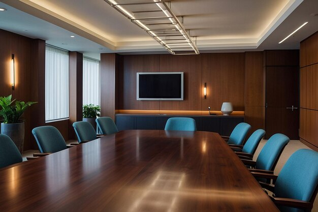 Meeting room with recessed lighting and a conference t