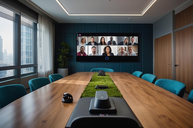 Meeting room with a video conferencing setup and a lar