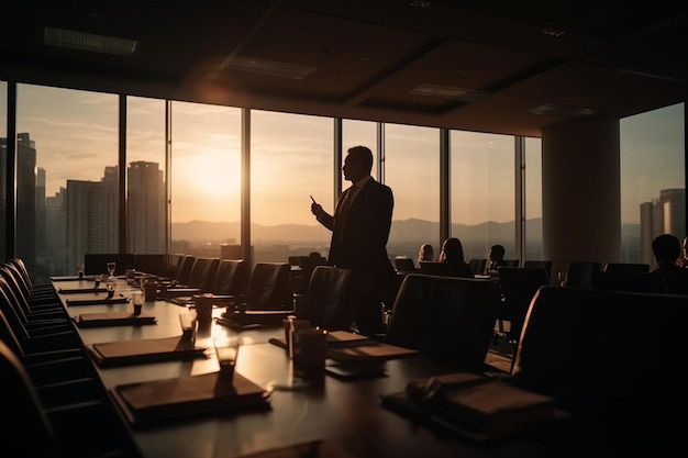 A meeting room with a view of the mountains in the background